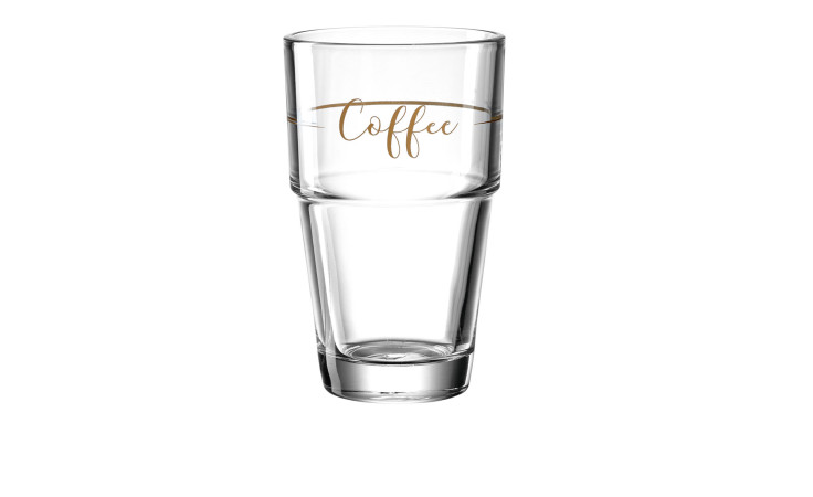 Leonardo Latte Macchiato Glas Solo 410 ml mit "Coffee" in goldener Schrift, stilvolle Dekoration auf weißem Hintergrund.