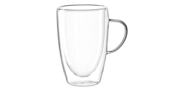 Leonardo Doppelwand-Tasse DUO 400 ml Glasbecher mit Henkel, leer, abgebildet auf einem schlichten weißen Hintergrund.