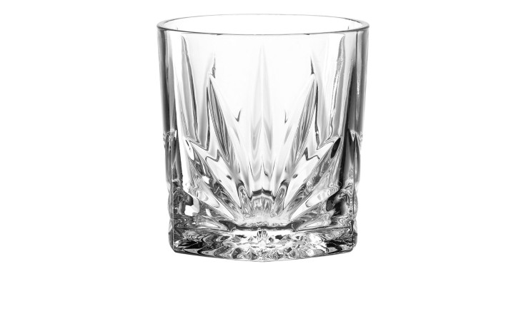 Das Leonardo Whiskyglas Capri 220 ml ist ein transparenter, facettierter Becher mit einem dekorativen Muster auf weißem Hintergrund.