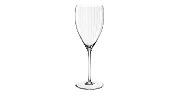 Das Leonardo Rieslingglas Poesia 350 ml ist eine 22 cm hohe, transparente Flöte mit gerippter Textur und langem Stiel.