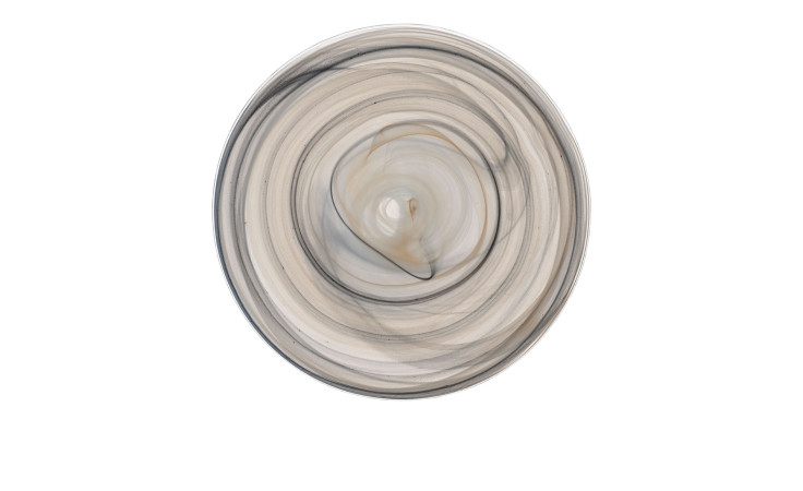 Der Teller Alabastro 25 cm ist ein runder Glasteller mit wirbelnden, mehrfarbigen Mustern, die von oben auf weißem Hintergrund gezeigt werden.