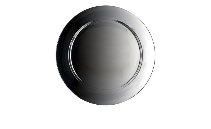 Der Leonardo Dekoteller Stella, 33 cm, aus silbernem Metall, glänzt auf weißem Hintergrund.