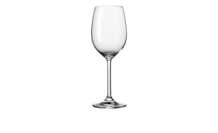 Ein einzelnes Leonardo Weißweinglas Daily 370 ml steht aufrecht auf einem weißen Dekorationshintergrund.