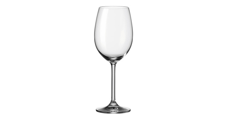Das Leonardo Rotweinglas Daily 460 ml steht aufrecht, ideal als Glasdekoration auf einem weißen Hintergrund.