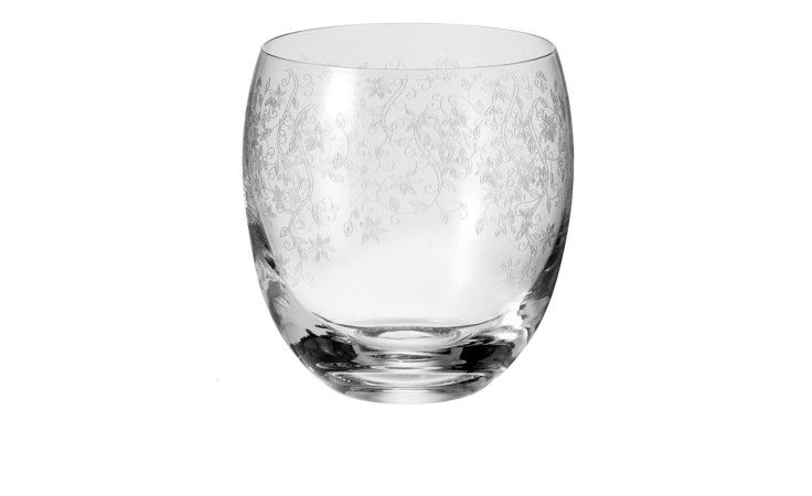 Leonardo Whiskyglas Chateau 400 ml mit geätztem Blumendesign, 9 cm hoch, auf weißem Hintergrund.