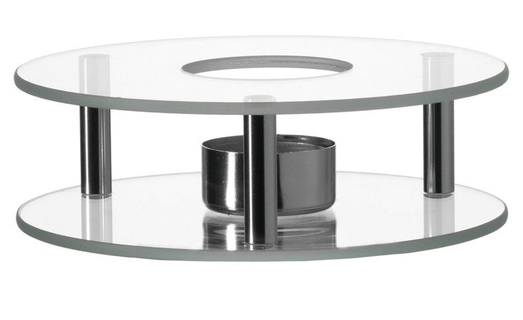 Leonardo Stövchen Scaldino 15,6cm: gläserner Speisenwärmer mit zwei runden Tellern, Metallstützen, für ein Teelicht.