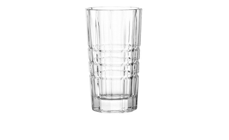 Das Leonardo Longdrinkglas Spiritii 260 ml ist ein transparentes, leeres Glas mit einem facettierten Design, 7 cm hoch.