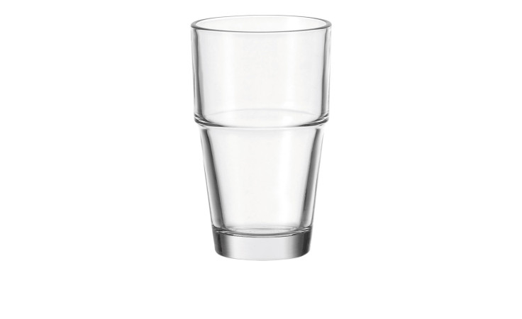 Der Leonardo Becher Solo 250 ml, ein transparenter Glasbecher, 14 cm hoch, ist auf weißem Hintergrund abgebildet.