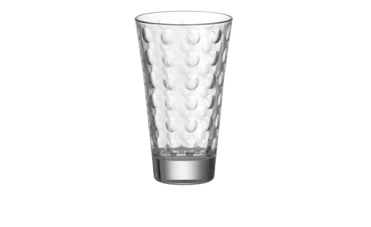 Der Leonardo Longdrinkbecher Optic 300 ml, ein hohes Glas mit Noppendesign, steht auf einem weißen Hintergrund.