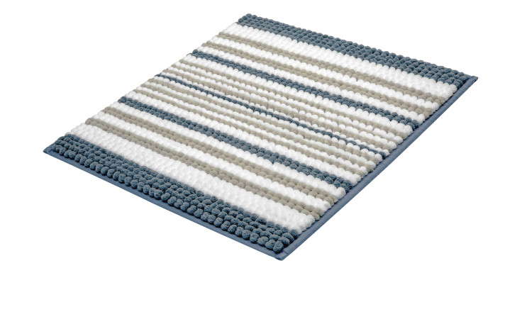 Der Badteppich Bola 55 x 65 cm von Kleine Wolke ist blau, weiß und beige gestreift und besteht aus strukturierter Kunstfaser.
