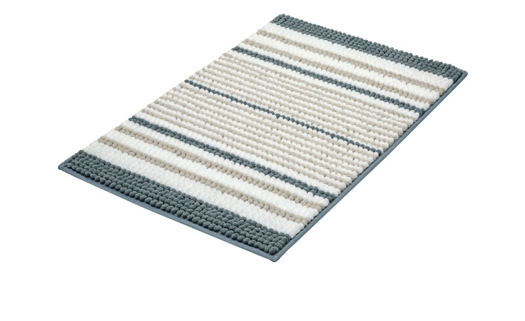 Kleine Wolke Badteppich Bola 60x90 cm, rechteckig mit blauen, weißen und beigen Streifen auf weißem Hintergrund.