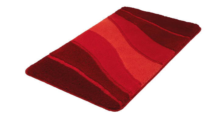 Kleine Wolke Badteppich Ocean, 70 x 120 cm, Synthetikfaser, gewellte rot-orangefarbene Streifen auf weißem Hintergrund.