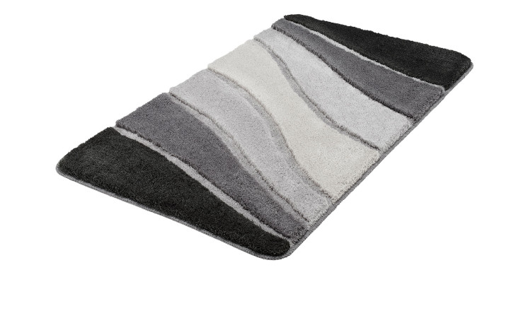 Kleine Wolke Badteppich Ocean 80x150 cm, weiche Synthetikfaser, schwarz-weiß gewellte Grau-Streifen.