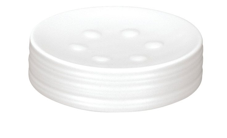 Seifenschale Sahara von Kleine Wolke: runde Seifenschale aus weißer Keramik mit eingekerbten Punkten und horizontalen Rillen.