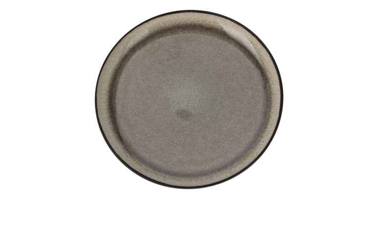 Ein runder, leerer Dessertteller 20 cm mit etwas dunklerem Rand, von oben gesehen auf weißem Grund.