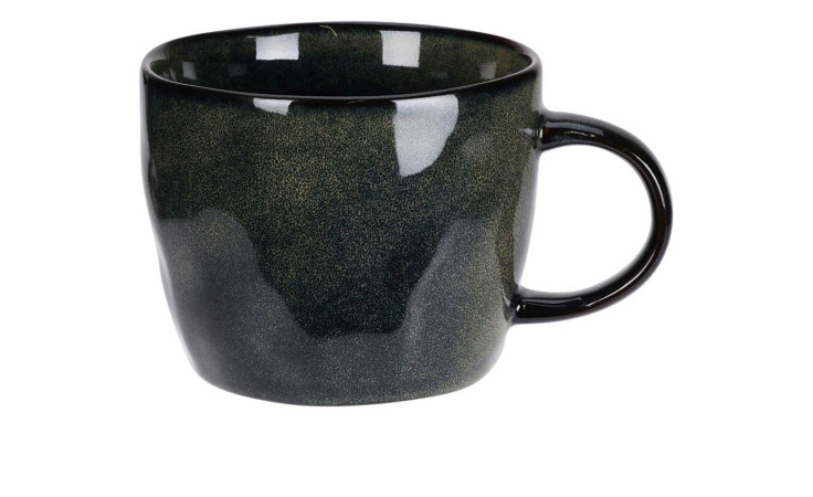 Ein dunkelgrüner Kaffeebecher 350 ml mit runder Form und Henkel, abgebildet auf weißem Hintergrund.