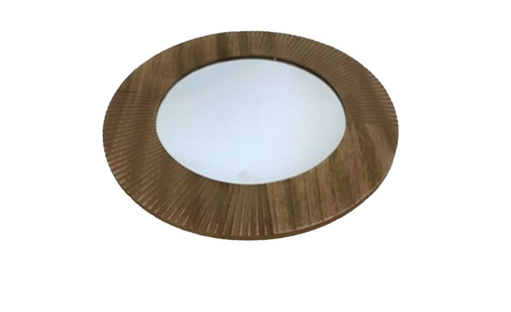 Spiegel 30 cm: runder Wandspiegel mit Holzrahmen in Braun, Dekorationsartikel, auf weißem Hintergrund.