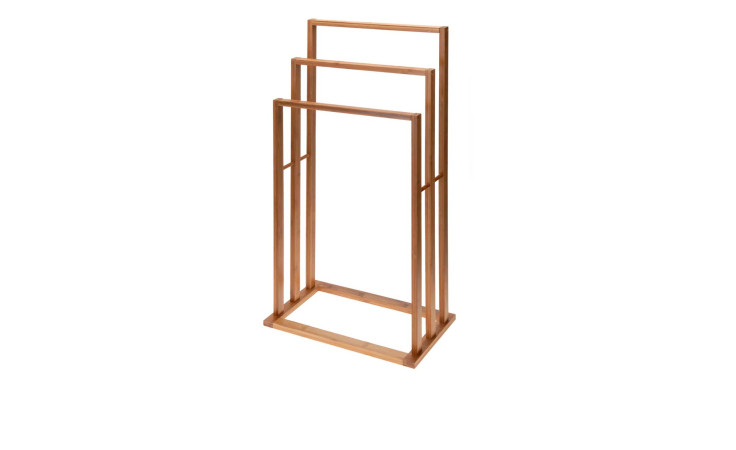 Ein holzfarbener Handtuchhalter aus Bambus mit drei rechteckigen Stangen vor weißem Hintergrund.