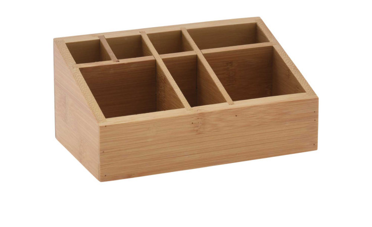 Der Make-up Organizer ist ein holzfarbener Bambus mit sechs Fächern, ideal zur Aufbewahrung von kleinem Zubehör.