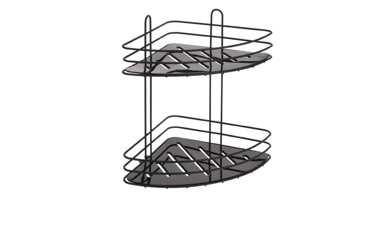 Schwarzes Badezimmerregal mit zwei Ebenen und Dreiecksböden - stilvolles Zubehör für moderne Dekoration.