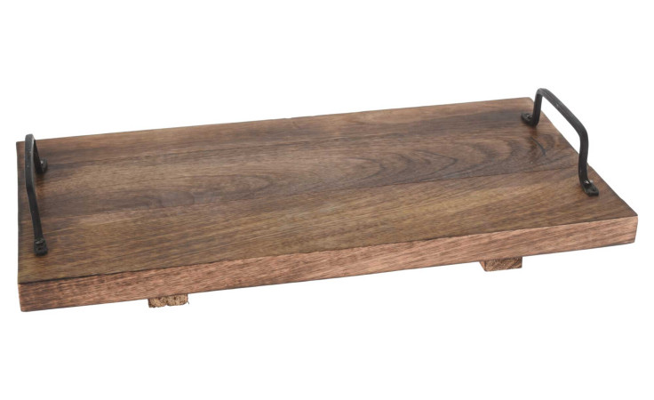 Ein rechteckiges Schneidebrett 40 x 22 cm mit schwarzen Metallgriffen auf jeder Seite.