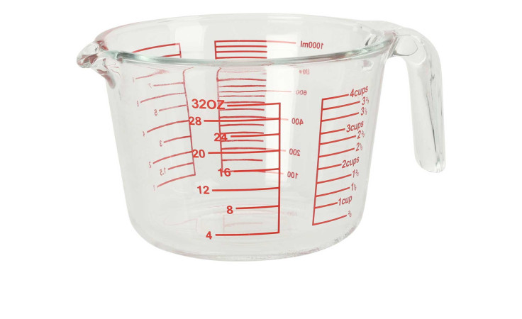 Messbecher 1 l mit roten Markierungen für Unzen, Tassen und Milliliter - praktisches Zubehör mit seitlichem Griff.
