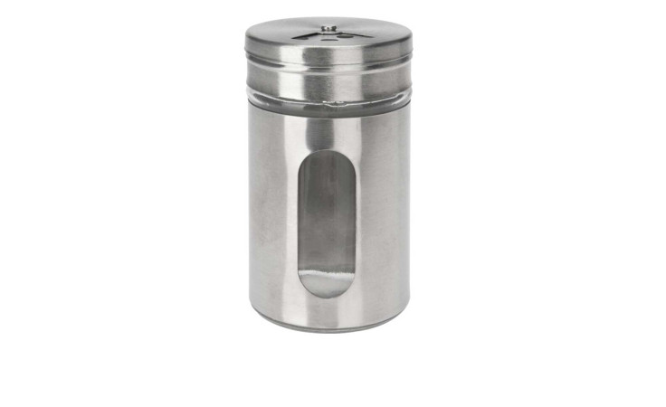 Der Kräuterstreuer 4,8 x 8cm ist ein stilvoller silberner Streuer mit Glasfenster und gelochtem Deckel für Gewürze oder Käse.