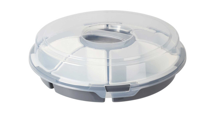 Snack-Schale mit Deckel 33 x 9 cm in Weiß, rund, mit mehreren Fächern und transparentem Deckel für Snacks.