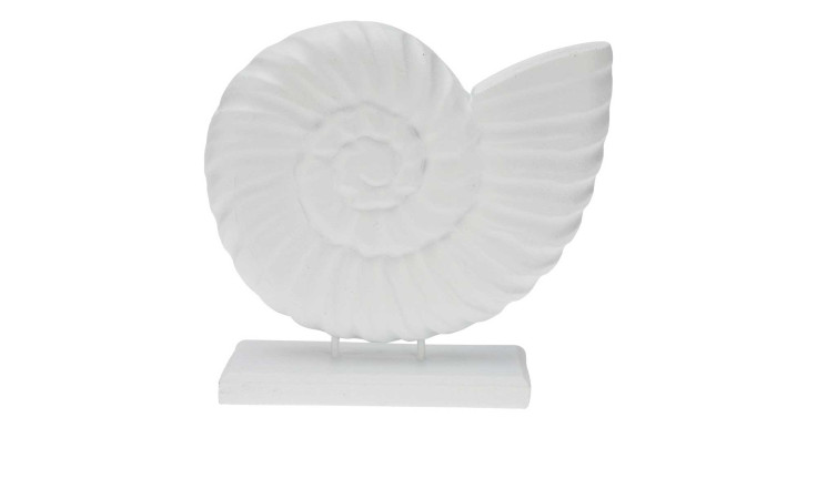 Muschel 19 cm: Dekorative weiße Spiral-Muschel-Skulptur auf rechteckigem Sockel, Höhe 19 cm.