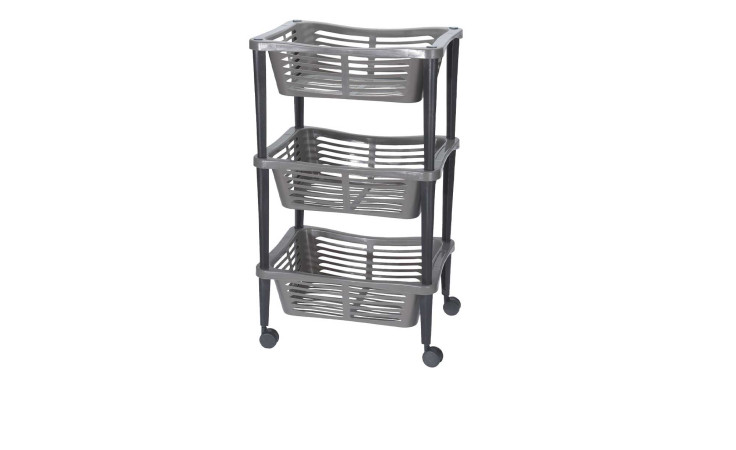 Aufbewahrungswagen mit Körben 40 x 30 x 60 cm, drei Ebenen, Kunststoff, anthrazit, mit Rollen auf weißem Hintergrund.