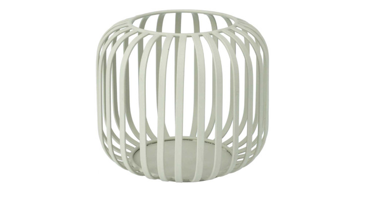 Laterne 15 x 13 cm aus weißem Metallgitter, zylindrisch, auf weißem Hintergrund.