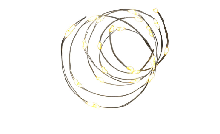 Silberdraht 160 LEDs: Gewickelte warmgelbe Lichterkette auf weißem Hintergrund, Batterien nicht enthalten.