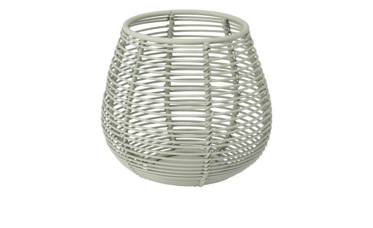 Teelichthalter 10 x 9 cm, hellgraues Weidengeflecht, ovales und luftiges Design, dargestellt vor weißem Hintergrund.