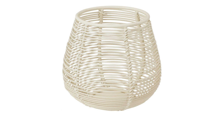 Teelichthalter 10 x 9 cm, beige Weide, Ausführung Weiß, rund, offenes Muster, Höhe 9 cm, Durchmesser 10 cm.
