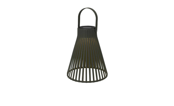 Die Solarlampe 18 cm ist eine moderne schwarze Laterne im Käfigstil mit Griff, die auf einem schlichten weißen Hintergrund abgebildet ist.