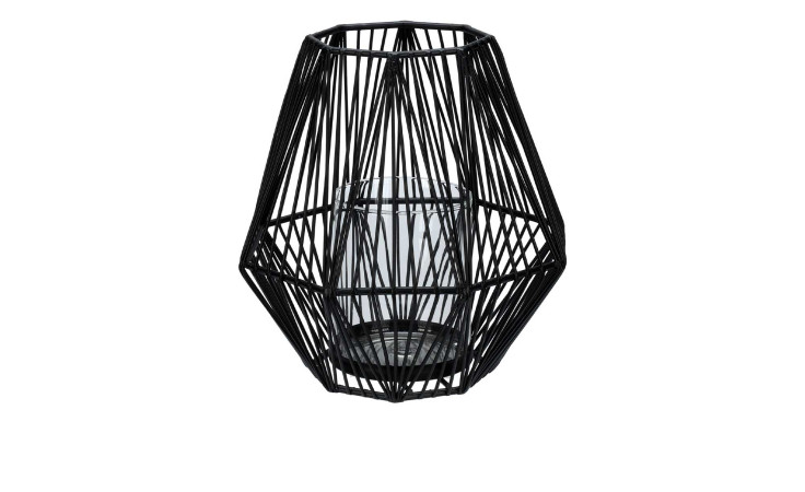 Laterne mit Glas 16 x 18 cm, schwarze Metall-Laterne mit geometrischem Design und Kerzenhalter auf Weiß.