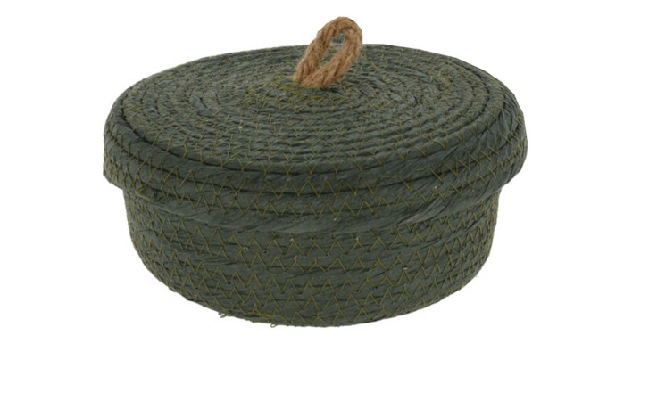 Korb 17 x 7 cm, grüne runde Flechtschale mit Deckel und Seilgriff, auf weißem Hintergrund.