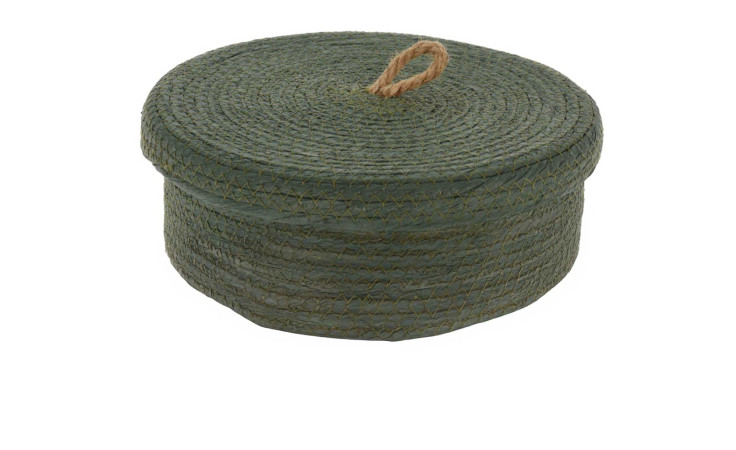 Runder, grüner Korb 26 x 9 cm mit Deckel und Seilgriff, ideal als Deko oder Zubehör auf weißem Hintergrund.