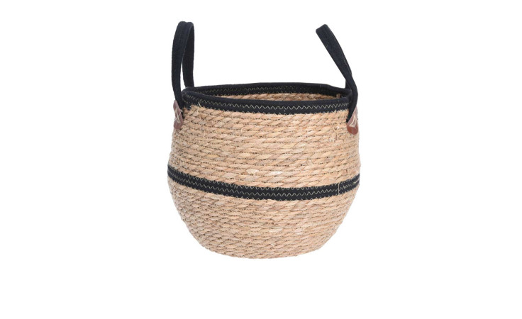 Korb mit Griff 37 x 29 cm in Braun mit Schwarz, aus Stroh, auf weißem Hintergrund abgebildet.