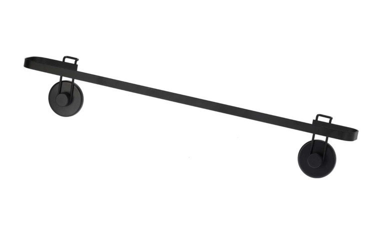 Schwarzer Handtuchhalter 11 x 6 x 8,5 cm mit zwei runden Rädern, perfekt als Zubehör oder Deko auf weißem Hintergrund.