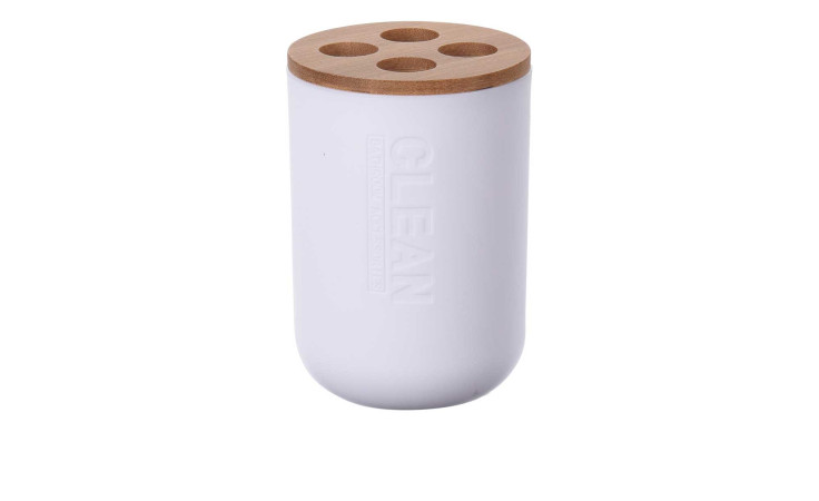 Zahnputzbecher 7 x 11 cm, weiß mit Holzdeckel und vier runden Löchern - stilvolles Bad-Accessoire.