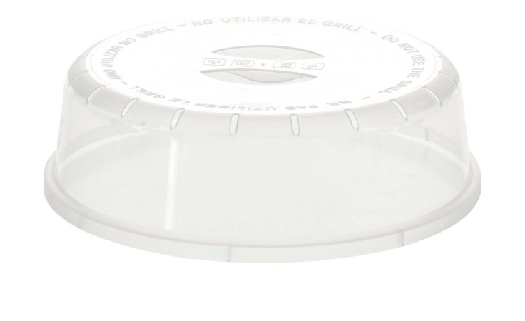 Mikrowellendeckel 24 x 7 cm, transparentes Polystyrol mit Lüftungsschlitzen und Warnhinweis "Do Not Use the Grill" auf dem Rand.