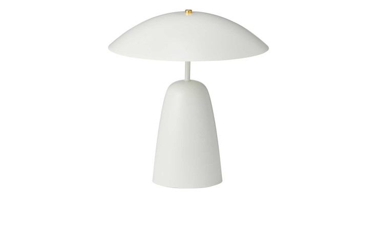 Minimalistische Tischleuchte 25 x 38 cm aus Eisen mit Kuppelschirm und rundem Zylinderfuß auf weißem Hintergrund.