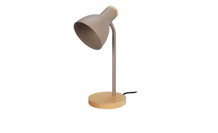 Die Schreibtischleuchte 14 x 36 cm hat einen taupefarbenen Schirm, einen Metallstiel und einen runden Holzfuß auf weißem Grund.