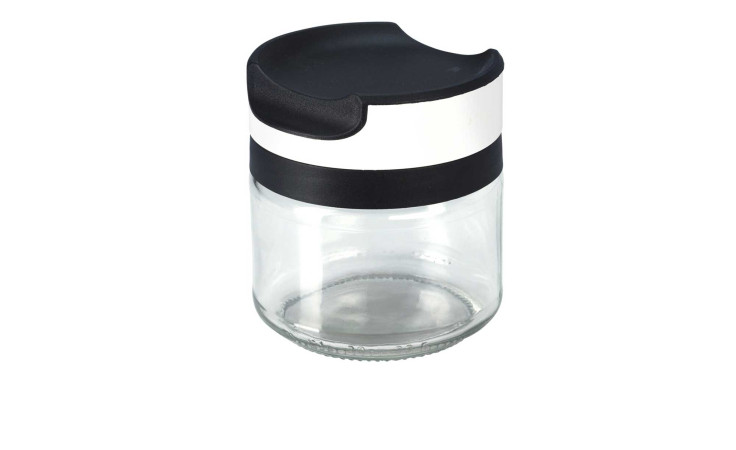 Eine klare Vorratsdose 300 ml mit einem schwarz-weißen Deckel, ideal als Dekoration oder zur praktischen Aufbewahrung.