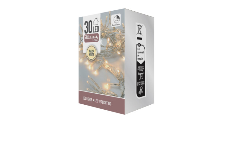 LED-Lichterkette 30 LEDs, 300 cm lang, warmweiß, in weißer Verpackung mit Recycling- und Sicherheitssymbolen.