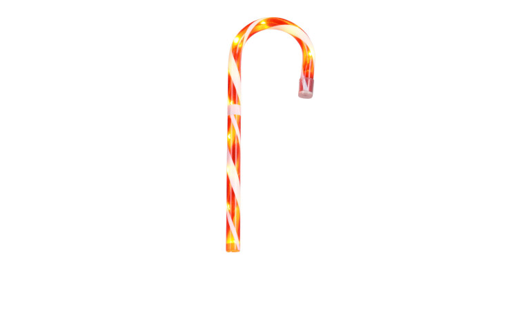 Eine glänzende 75 cm lange LED-Zuckerstange in Weiß und Rot gestreift auf weißem Hintergrund.