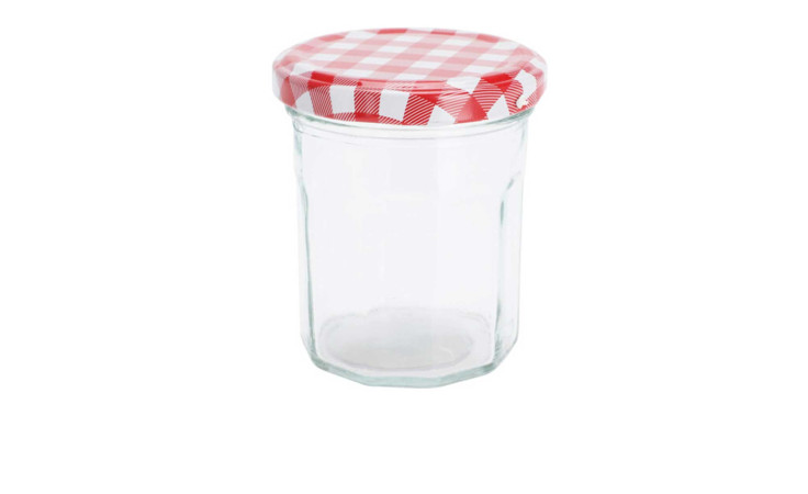 Einmachglas 190 ml mit rot-weiß kariertem Deckel, ideal für Dekoration, freigestellt vor weißem Hintergrund.