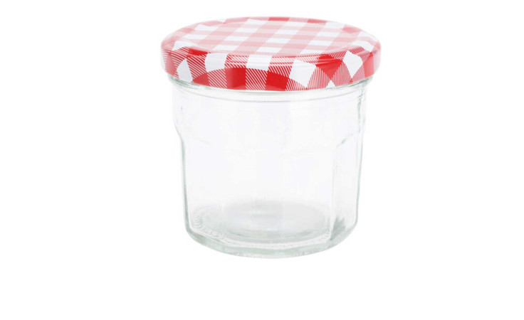 Einmachglas 160 ml mit rot-weiß kariertem Deckel, ideal als Deko oder praktisches Zubehör.
