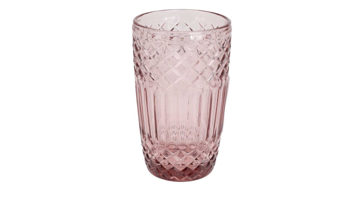 Großes, rosafarbenes Trinkglas 380 ml mit Rautenmuster, hergestellt aus rosa Glas, auf einem weißen Hintergrund.